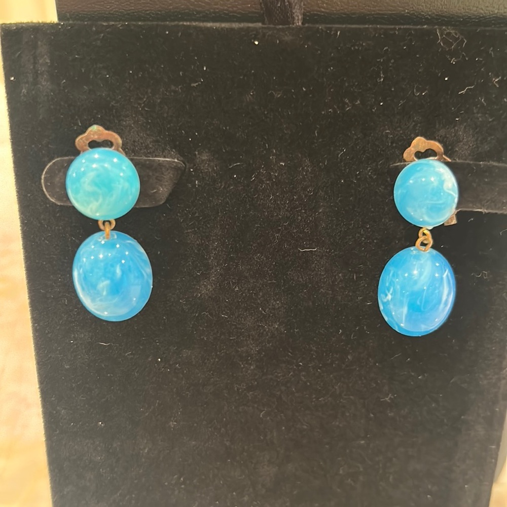 Old, Old W. Germany Clip Blue Dangle Earrings